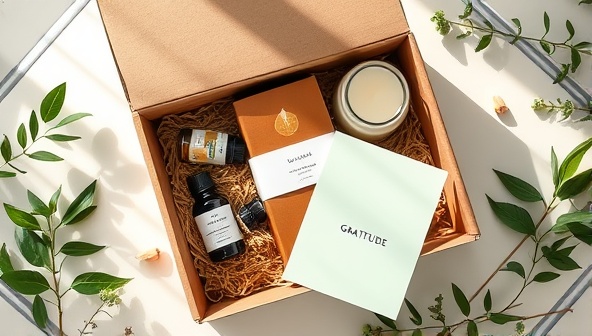 An aesthetically pleasing flat lay of a wellness box filled with candles, essential oils, herbal teas, and a gratitude journal, surrounded by greenery and natural light, evoking a sense of tranquility and self-care.