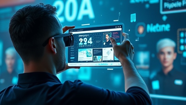 An individual using an AR device to view and interact with a lifelike representation of a website design prototype hovering in the air, surrounded by digital elements and interactive functionalities, showcasing the immersive and innovative nature of ARWeb Prototypes in web design visualization.
