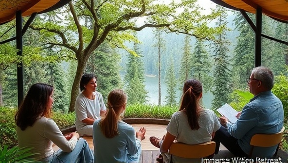 An immersive virtual writing retreat setting with participants connecting from around the world, engaging in workshops, receiving feedback from mentors, and sharing creative ideas in a vibrant online environment.