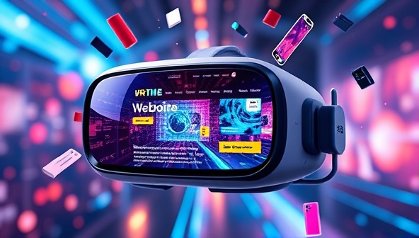 A virtual reality headset displaying a vibrant and dynamic website environment, with interactive elements floating around, showcasing the immersive and futuristic web design experience offered by VR WebSphere.