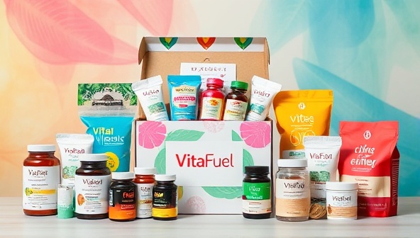 An artistic representation of the VitaFuel Box subscription box, featuring vibrant packaging with a variety of nutritional supplements and wellness products arranged in a visually appealing display, evoking a sense of vitality and well-being.