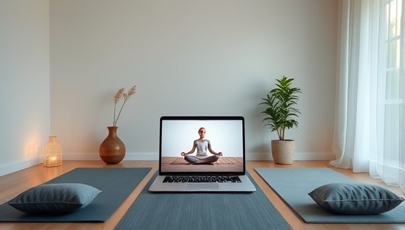A serene and calming virtual wellness retreat setting with soft lighting, yoga mats, meditation cushions, and a laptop displaying a virtual mindfulness session, creating a peaceful and nurturing environment for participants to embark on a transformative wellness journey from home.