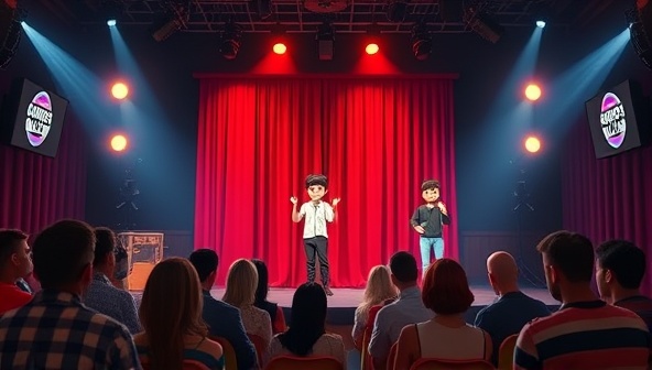 An animated comedy club stage with digital avatars of comedians delivering jokes and interacting with a virtual audience, capturing the essence of a lively and engaging comedy show experience in a virtual world.