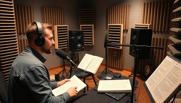 A recording studio setup with a narrator in action, wearing headphones and speaking into a microphone, surrounded by soundproof panels, audio equipment, and scripts, conveying professionalism and creativity in audio book production.