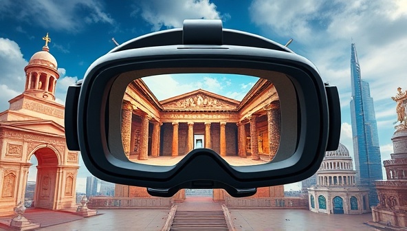 A visually stunning VR headset displaying a virtual architectural tour of an ancient monument, surrounded by digital representations of famous landmarks, evoking a sense of exploration and wonder in the virtual world.