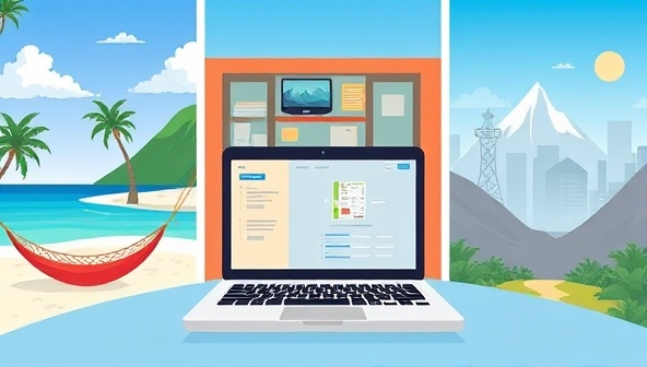 A digital illustration showing a laptop on a tropical beach with a hammock, a co-working space in a bustling international city, and a serene mountain retreat, highlighting the diverse workation experiences available through WorkVentureAway.