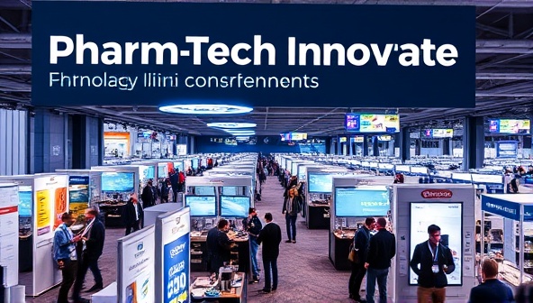 An online event banner featuring a virtual conference hall filled with booths displaying innovative pharmaceutical technologies and digital health solutions, with attendees engaging in discussions and networking, illustrating the dynamic and collaborative environment of PharmTech Innovate.
