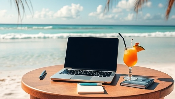A tranquil beach setting with a laptop, a notepad, and a tropical drink on a sun-kissed table, creating an inviting and productive workspace for a remote workcation with Work Wanderlust Escapes.