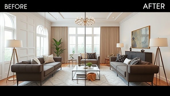 An elegant living room setting with virtual design elements superimposed, showcasing a before-and-after transformation, with trendy furniture pieces, color schemes, and decor accents, illustrating the magic of virtual interior design services.