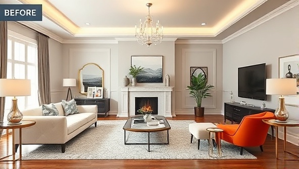 An elegant digital rendering of a virtual living room makeover, showcasing a before-and-after transformation with stylish furniture, decorative accents, and vibrant colors, illustrating the impact of professional design expertise.