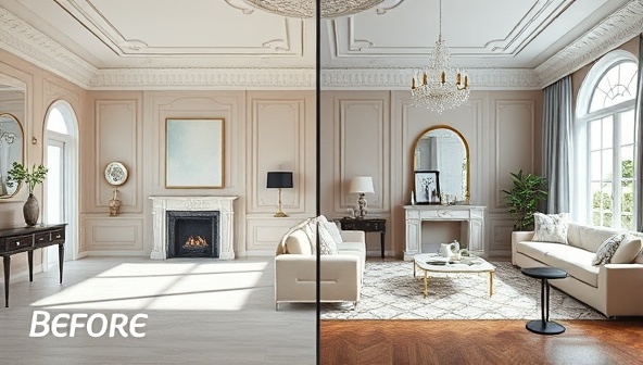An elegant virtual room design concept with a split-screen showing the before and after transformation, highlighting the aesthetic improvements and design changes, inspiring clients to envision their spaces differently.