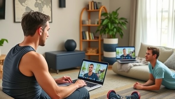 An individual engaged in a virtual fitness consultation session with a coach, demonstrating exercises via video call with a laptop and workout equipment in a home setting, emphasizing convenience and personalized guidance.