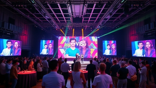 An immersive virtual event environment with a stage, audience avatars, and interactive elements, depicting the dynamic and engaging nature of VirtualVibe Events in virtual event management and production.