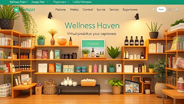 An inviting visual of the Wellness Haven virtual marketplace homepage, showcasing a variety of wellness products, services, and experiences on display, with vibrant colors and wellness imagery, inviting users to explore and shop for their well-being needs.