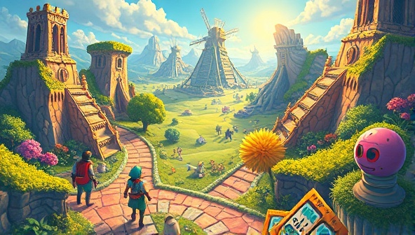 An imaginative illustration of a virtual world with colorful characters embarking on a quest to uncover hidden treasures, with lottery tickets and cash prizes scattered throughout the landscape, conveying the adventurous and rewarding nature of the gamified online lottery platform.