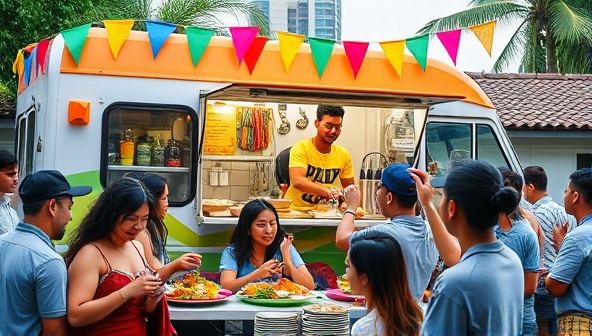 A vibrant food truck adorned with colorful flags and serving window open, surrounded by a diverse group of customers savoring fusion dishes with excitement and curiosity, showcasing a lively and engaging dining atmosphere.