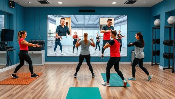 A virtual fitness studio setting with trainers leading energetic workout classes on screen, participants engaging in exercises with enthusiasm, and fitness equipment displayed in the background, encapsulating the dynamic and motivating atmosphere of FitVoyage Virtual.