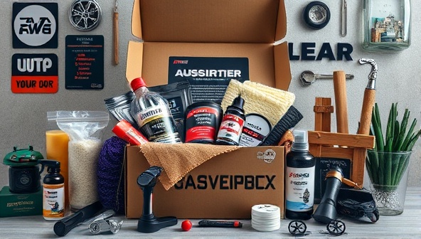 An artistic portrayal of a stylish subscription box overflowing with automotive goodies, including car care products, accessories, and gadgets, surrounded by automotive-themed decorations and tools, evoking a sense of excitement and discovery for car enthusiasts opening their monthly AutoTreasure Box.