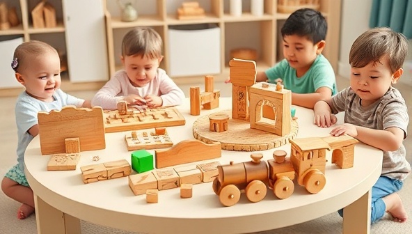 An assortment of beautifully crafted wooden toys displayed on a child's play table, including a wooden puzzle, building blocks, and a toy train, surrounded by happy children playing and learning, emphasizing the eco-friendly and educational aspects of the toys.