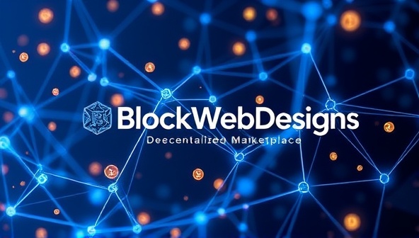 An artistic representation of a blockchain network intertwining with design elements and digital assets, symbolizing the secure and transparent nature of BlockWebDesigns' decentralized marketplace, with cryptocurrency symbols and blockchain nodes creating a futuristic and innovative visual concept.