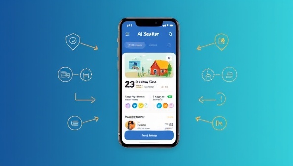 An illustration of a smartphone screen displaying the AI Rent Seeker app interface, with AI algorithms recommending personalized rental property options to a tenant based on preferences and location, showcasing the efficiency of the AI-powered rental property finder.