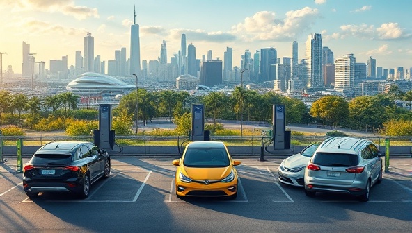 An artistic representation of a diverse group of electric vehicles charging at various stations across a vibrant cityscape, emphasizing sustainability and convenience.