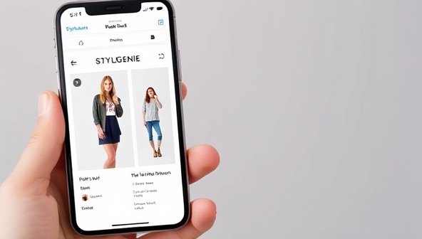 A smartphone displaying the StyleGenie app interface with before and after outfit suggestions for a user, showcasing the convenience and personalized touch of the virtual styling service.