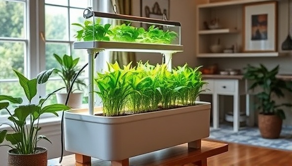 An inviting home interior setting with a beautifully designed aquaponics kit in full operation, showcasing lush green plants and thriving fish in a harmonious ecosystem, highlighting the simplicity and beauty of sustainable home gardening.