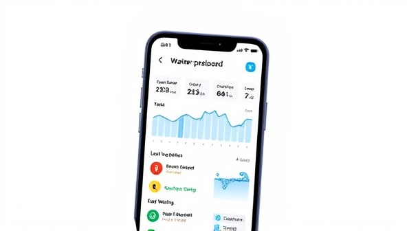 An animated smartphone screen showing a water usage dashboard with flowing water visuals, leak detection alerts, and eco-friendly water-saving tips, creating an engaging and informative user experience.