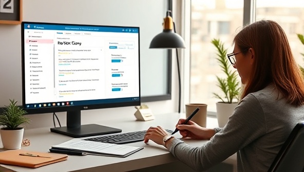 An SEO-focused content creation workspace with a screen showing keyword research tools, SEO guidelines, and a writer crafting compelling copy, illustrating the synergy between creative content and SEO strategies offered by SEOscribe.