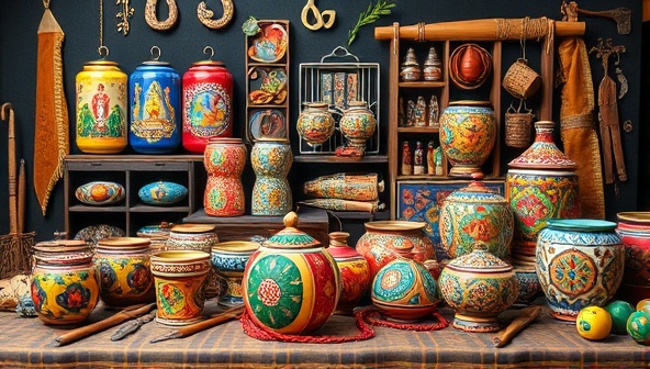 An array of vibrant and intricately designed artisan products displayed on an online marketplace platform, surrounded by cultural motifs, artisan tools, and storytelling elements, highlighting the beauty and craftsmanship of the souvenirs available on ArtisanTreasures Market.