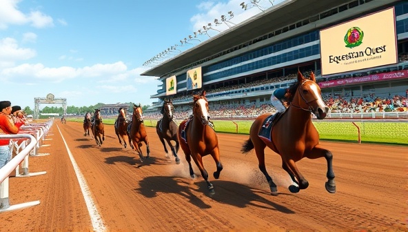 A virtual racetrack with sleek and realistic-looking virtual horses racing towards the finish line, surrounded by cheering spectators and digital banners featuring the Equestrian Quest logo, capturing the excitement and thrill of virtual horse racing on the platform.