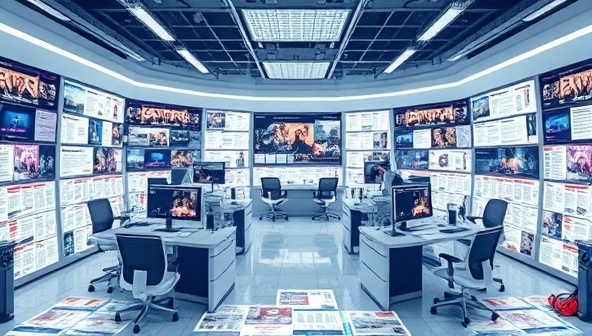 An imaginative visualization of a virtual newsroom with AI-powered news algorithms working behind the scenes, organizing news articles based on user preferences, creating a personalized and efficient news aggregation experience for users.
