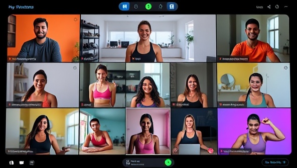 A vibrant digital interface showcasing a diverse group of individuals participating in live virtual workout sessions led by fitness coaches, highlighting interaction and motivation.