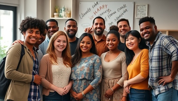An engaging image of a diverse group of local influencers and business owners collaborating on a marketing campaign, showcasing community engagement and authenticity.