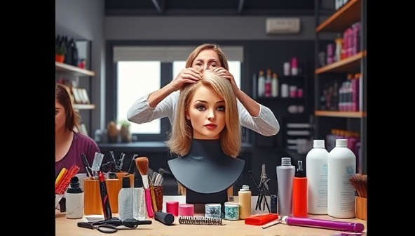 A dynamic image showing a virtual hairstyling workshop in progress, with a professional hairstylist demonstrating a trendy hairstyle on a mannequin head, surrounded by a variety of hair tools and products, creating a vibrant and educational atmosphere.