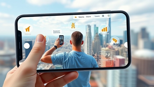 An AR-enhanced mobile screen displaying a user exploring a virtual cityscape with interactive travel information overlays, hotel previews, and local attractions, creating a futuristic and engaging travel planning experience.
