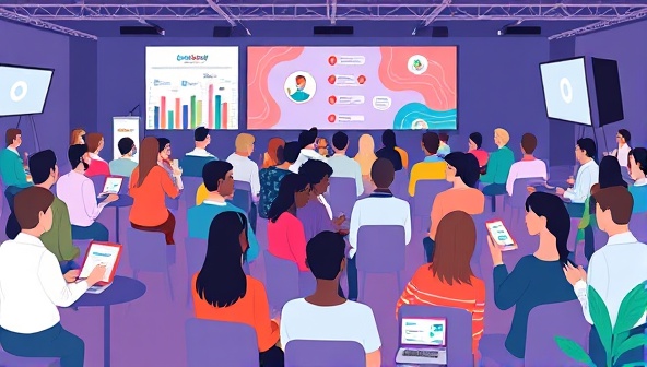 An illustrated virtual event setup with diverse avatars attending a conference, engaging in discussions, and networking virtually, portraying a vibrant and interactive digital event environment.