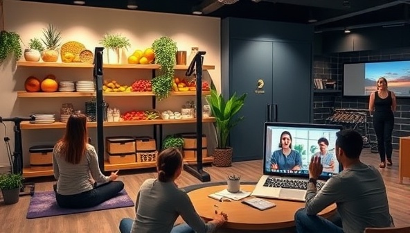 A digital wellness hub displaying a variety of nutritious foods, fitness equipment, relaxation spaces, and a laptop showing a live coaching session, users engaging in wellness activities and one-on-one consultations, creating a supportive and transformative environment for holistic health and well-being.