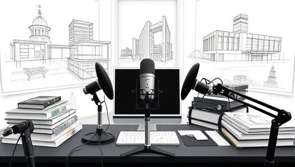 An artistic representation of an architectural podcast studio setup with microphones, headphones, and recording equipment, surrounded by architectural sketches and design books, creating a professional and inspiring podcasting environment.