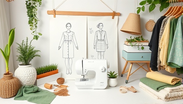 An eco-friendly fashion studio with sustainable fabrics, sewing materials, and design sketches, creating a visually appealing and environmentally conscious workspace for learning and creating eco-friendly fashion designs online.