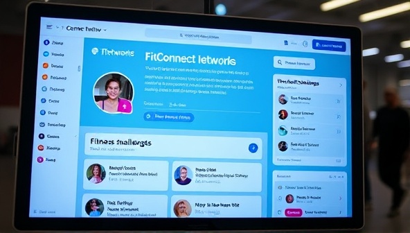 An interactive digital interface displaying FitConnect Network's social platform with users connecting, sharing workout routines, engaging in fitness challenges, and supporting each other's fitness journeys, conveying a sense of community and motivation in a virtual fitness space.