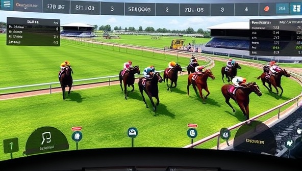 An immersive image of a virtual horse racing track with detailed horse animations, jockeys, and betting odds displayed on a digital interface, showcasing the dynamic and realistic environment of the RaceQuest Virtual horse racing simulator.