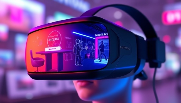 A virtual reality headset displaying a mesmerizing VR brand experience with interactive elements, branded environments, and engaging activities, immersing the viewer in a futuristic and captivating virtual world.