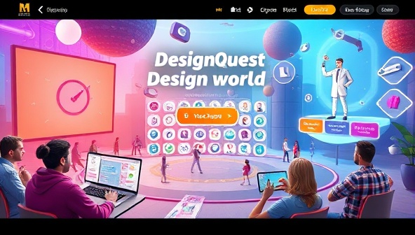 An imaginative depiction of a virtual design world with avatars completing design challenges, earning virtual rewards, and showcasing their creations in a vibrant and interactive online community, capturing the essence of DesignQuest Academy's gamified web design learning platform.