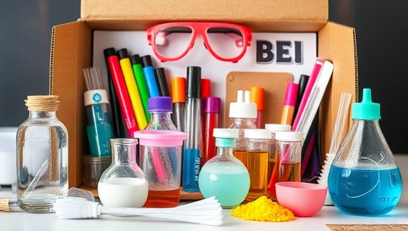 A colorful and interactive science experiment kit box filled with test tubes, goggles, magnifying glasses, and lab equipment, along with a variety of materials for hands-on experiments, creating a sense of curiosity and discovery for families to enjoy scientific exploration together.