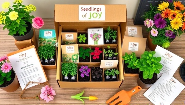 A charming display of Seedlings of Joy subscription boxes, featuring an assortment of vibrant seedlings in eco-friendly packaging, surrounded by gardening tools, plant care guides, and blooming flowers, conveying a sense of joy and growth in home gardening endeavors.