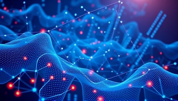 An abstract representation of AI algorithms processing complex drug data sets and molecular structures, visualized as interconnected nodes and pathways in a futuristic digital landscape, symbolizing the intelligence and innovation behind the AI-driven drug discovery platform.