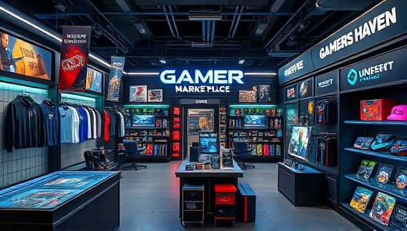 An immersive visual of a digital marketplace showcasing a diverse array of gaming merchandise, including apparel, accessories, and collectibles, with interactive elements and engaging product displays, inviting visitors to explore the Gamer's Haven Marketplace.