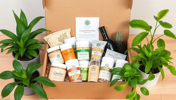 An eco-friendly subscription box filled with biodegradable products, reusable items, and organic goods, surrounded by green plants and natural textures, creating a harmonious and earthy vibe.